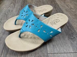 Malu Super Comfort Blue teal Leather Slide Wedge Thong Sandals Shoes Size 9